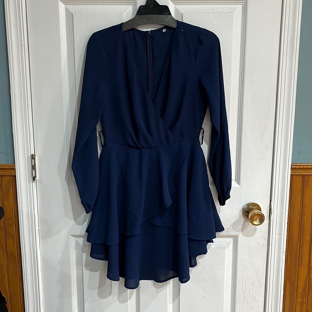 Unbranded Women's  Navy Blue Long Sleeve Ruffled Faux Wrap Midi Dress Size XS